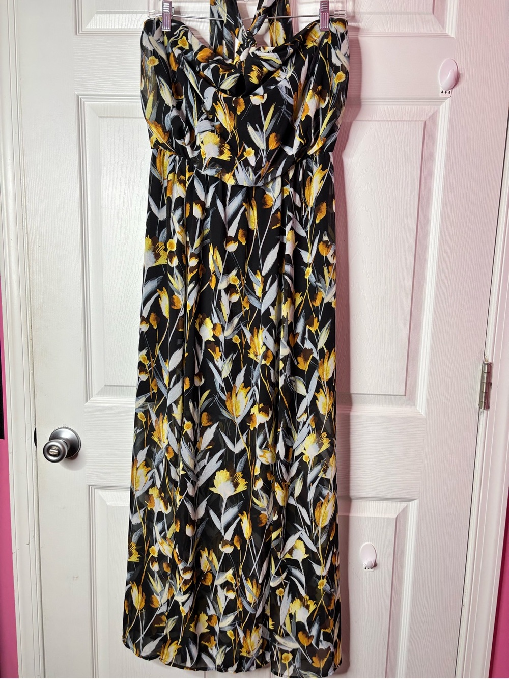 Thalia Sodi Black Maxi Dress with Yellow & White Floral Print